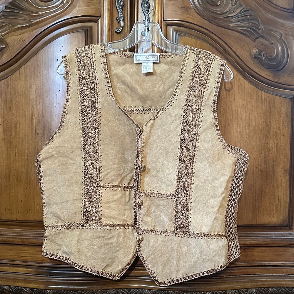 Vintage Leather Crochet Patchwork Unique Find Tan… - image 1